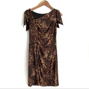 David Meister leopard party dress ruched at the side asymmetrical neckline sz 6